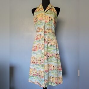 Clues Collections City View Print Pin-up Retro Dress Green Size 8